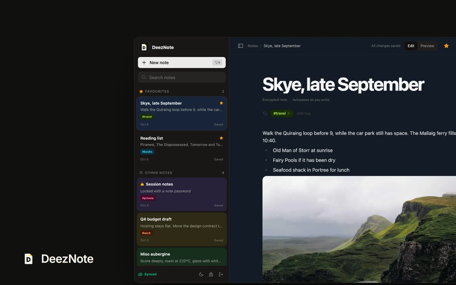 DeezNote workspace with an open travel note and a photo of the Isle of Skye