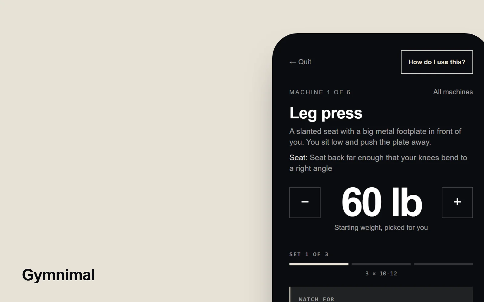 Gymnimal leg press screen on a phone: 60 lb, starting weight picked for you